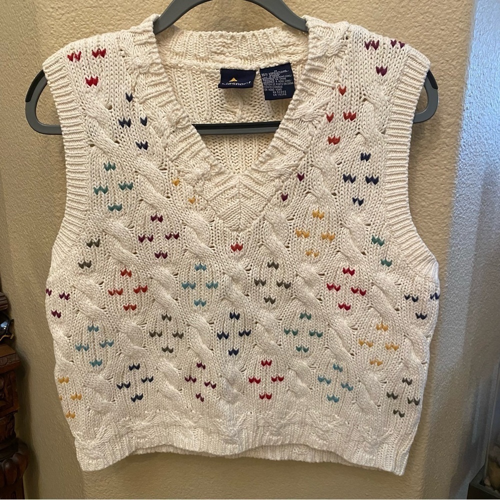 Vintage LIZSPORT Women Multicolor V-Neck Cable Knit Vest Size Medium